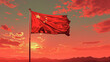 Chinese flag waving in the wind on a red background with copy space