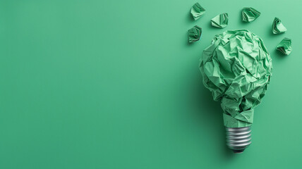 Wall Mural - Green crumpled paper lightbulb as creative idea concept on green background