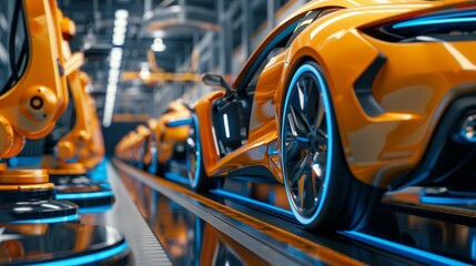 Wall Mural - Industrial Scale: Automated robotics futuristic electric cars factory production line