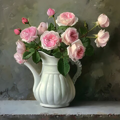 Poster - old white pitcher holding pink roses, cottage, photorealism Ai generative 