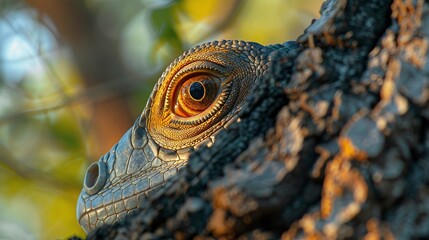 Wall Mural - closeup of an iguana eye resting on a tree capturing the detailed scales and wildlife essence of the