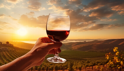 A person is holding a wine glass with a red wine in it