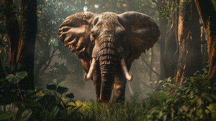 Wall Mural - closeup of wild elephant walking in forest highlighting the majestic and powerful mammal in its natu
