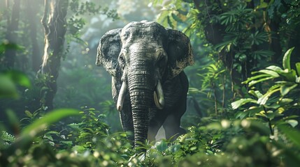 Wall Mural - wild mammoth elephant closeup walking in forest showcasing the majestic and powerful animal in its n