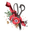 Tailor's scissors, red satin ribbon, bobbin case, presser foot, needles, pins, thimble with anemones and greens. Sewing tools with red flowers. Watercolor illustration. For designing cards, banner