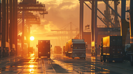 Wall Mural - Container terminal with freight ship and cargo cranes at sunset. 3d rendering