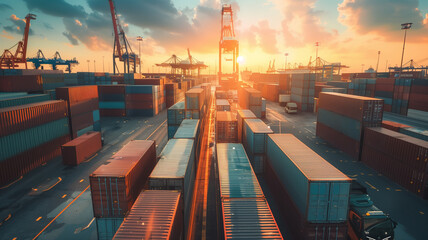 Wall Mural - Container terminal with freight ship and cargo cranes at sunset. 3d rendering