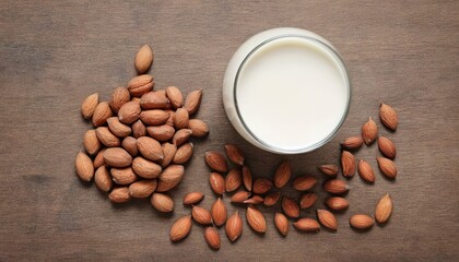 Wall Mural - almond nut and milk on table top down