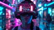 Woman with futuristic VR headset illuminated by neon cityscape reflections, absorbed in cyber world