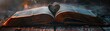 A background featuring an old open book with the pages naturally forming a heart shape in the center