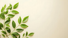 Green Leaf Decoration On A Light Colored Wall Background With Copy Space