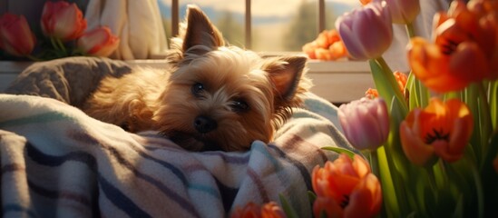 Canvas Print - A small companion dog is resting in a dog bed next to a beautiful arrangement of flowers, surrounded by petals and plants