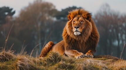 Wall Mural - closeup portrait of a wild male adult lion with powerful presence in the jungle