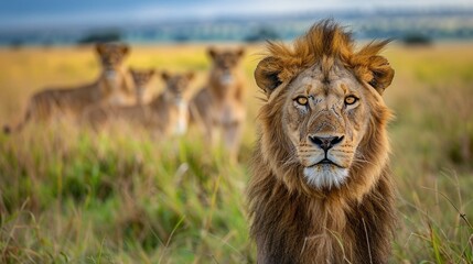 Wall Mural - powerful lion observing lionesses ready for the hunt in the wild safari with fierce predator pride
