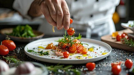 Sticker - Chef expertly garnishing a dish in a professional kitchen with fresh herbs. culinary arts captured in a stylish, high-end restaurant. food presentation and fine dining. AI