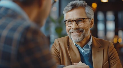 Wall Mural - Portrait of cheerful young manager handshake with new employee. Business partnership meeting in office. Close up of handshake in the office. Mature businessman shake hands with a younger Ai  Generated