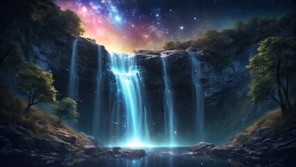 Wall Mural - Waterfall with starlight galaxy, ethereal glow, night sky, celestial beauty.