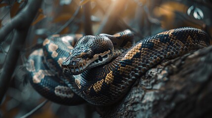 Wall Mural - closeup of python snake resting on a tree branch in the forest showcasing the reptile's scales and c
