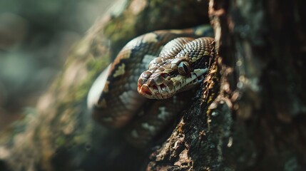 Wall Mural - python snake closeup resting on tree branch in the forest capturing the beauty of wildlife nature an