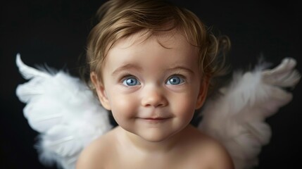 Wall Mural - portrait of a cute toddler with blue eyes and white angel wings on black studio background