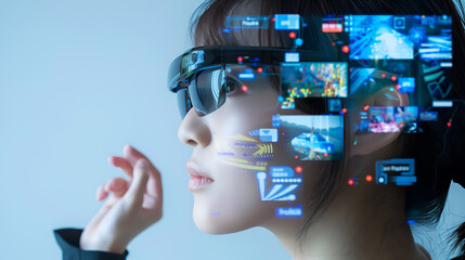 girl wearing augmented reality glasses, interface elements around her