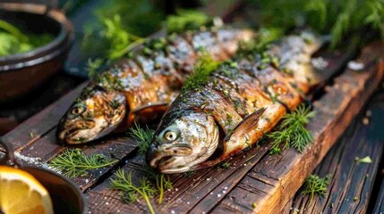 Wall Mural - Grilled fish on a wooden board with herbs and lemon. Gourmet seafood concept