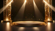 Podium with golden light lamps background. Golden light award stage with rays and sparks