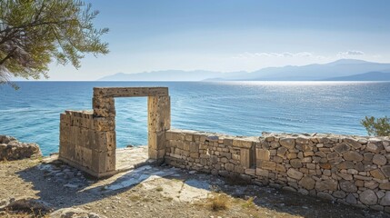 Stone doorway ruin with sea view. Ancient architecture and archeology concept