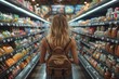 A customer with a backpack is shopping in a grocery store, browsing through shelves filled with products like bottles and making gestures to check for convenience