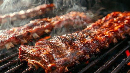 closeup of perfectly smoked american bbq ribs on a grill, capturing the mouth-watering, juicy meat and rich flavors of traditional barbecue cooking