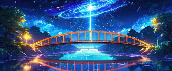 Wall Mural - Bridge beside the river with starlight galaxy, celestial beauty, a landscape of tranquility.