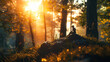 silhouette of miniature hiker sitting on the rock in beautiful sunset in the summer forest. concept of Travel and relaxing in holiday.	