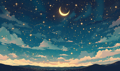 Wall Mural - woodcut illustration of beautiful night sky with stars and crescent moon, generative ai