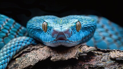 Wall Mural - isolated blue viper snake closeup face on tree with black background showcasing the dangerous and ve