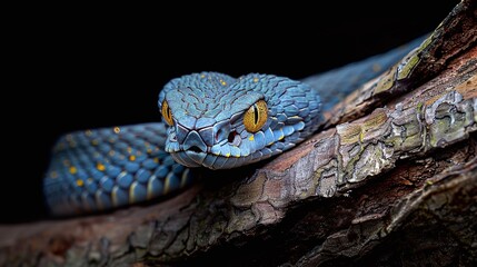 Wall Mural - closeup of blue viper snake face on tree isolated on black background showing the venomous and exoti