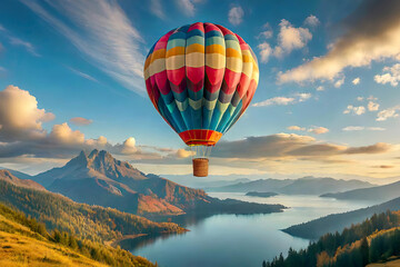 hot air balloon flying against a beautiful landscape and blue sky background.