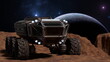 Six wheeled exploration rover stands on a barren alien planet, with a large moon rising in the background. 3d render