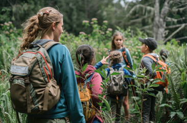 Wall Mural - A teacher and group of children were on an outdoor field trip in nature, learning about plants from the female naturalist smiling at the camera, standing among tall grasses with backpacks beside them