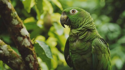 Wall Mural - closeup of an exotic green parrot perched on a tree in the green forest, highlighting the bird's col