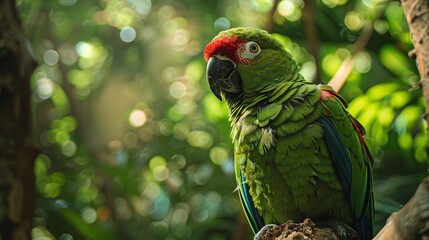 Wall Mural - closeup of a vibrant green parrot sitting on a tree in the green forest, emphasizing the bird's exot