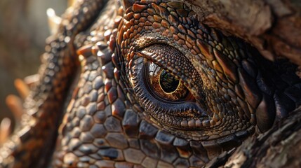 Wall Mural - vibrant closeup of an iguana eye resting on a tree in a tropical jungle showcasing the intricate sca