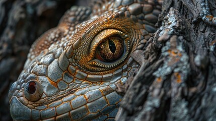 Wall Mural - detailed macro of iguana eye resting on a tree showing the intricate scales and patterns in nature a