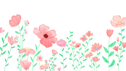 Wall Mural - Red and pink flowers with green leaves in watercolor on a transparent background.