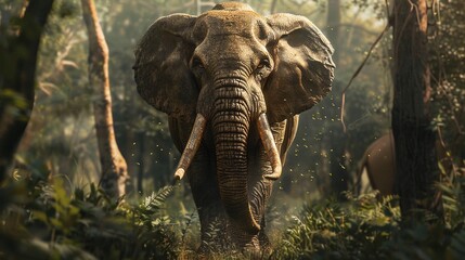 Wall Mural - wildlife photography of a wild mammoth elephant walking in the dense forest with lush greenery and n