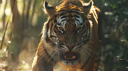 Wall Mural - aggressive male tiger walking in the forest closeup highlighting its raw power, detailed stripes, an