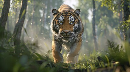 Wall Mural - closeup portrait of a male tiger walking in the forest with a focus on its aggressive behavior and p