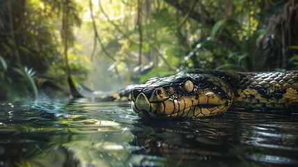 Wall Mural - closeup of a huge anaconda snake in the amazon rainforest river with detailed view of its large size