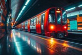 Fototapeta Londyn - Red tube train in motion, captured perspective of someone standing on one side as it passes. Background is blur with streaks and lines representing speed and movement.