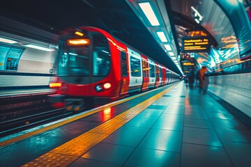 Red tube train in motion, captured perspective of someone standing on one side as it passes. Background is blur with streaks and lines representing speed and movement.