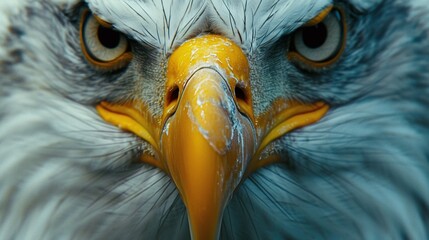 Wall Mural - bald eagle closeup face wildlife predator with fierce beak and piercing eyes iconic bird in nature portrait representing power and freedom